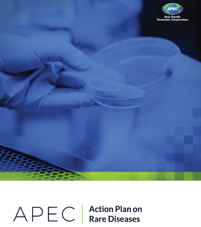 Image of the front cover of the APEC Action Plan on Rare Diseases. Authored by the APEC Rare Disease Network. Led by Chair, Prof. Matthew Bellgard, Queensland University of Technology. Co-Chair, Mr. Cameron Milliner, Shire. Co-Chair, Dr. Nares Damrongchai, Thailand Center of Excellence for Life Sciences. Co-Chair, Prof. Zheng Xiaoying, Peking University.