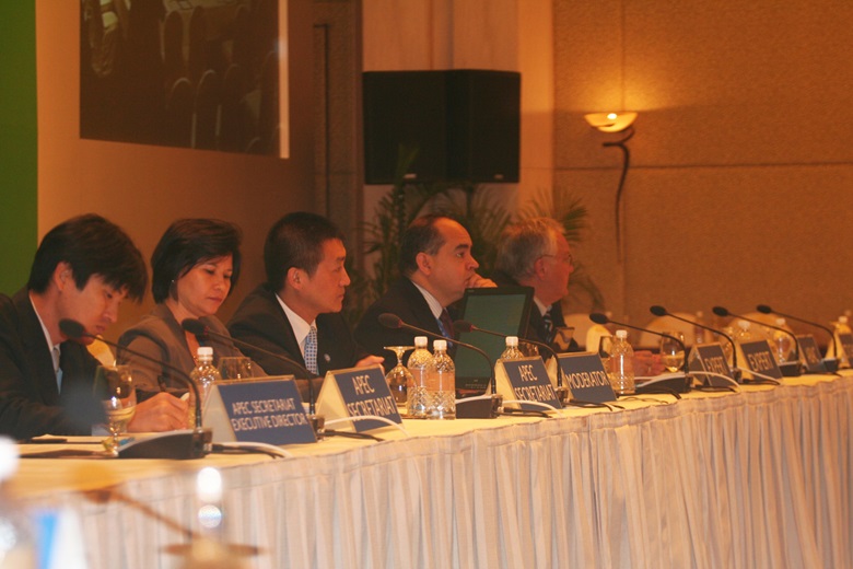 From left: Representatives of the APEC Secretariat, Komoto and Natividad; Lu Kang, APEC Senior Official, People's Republic of China; IAP Review Team, Bosworth and Manriquez 