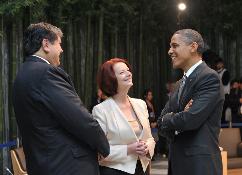 Alan Garcia, President of Peru (left), Julia Gillard, Prime Minister of Australia (center), and Barack Obama, President of the United States (right)