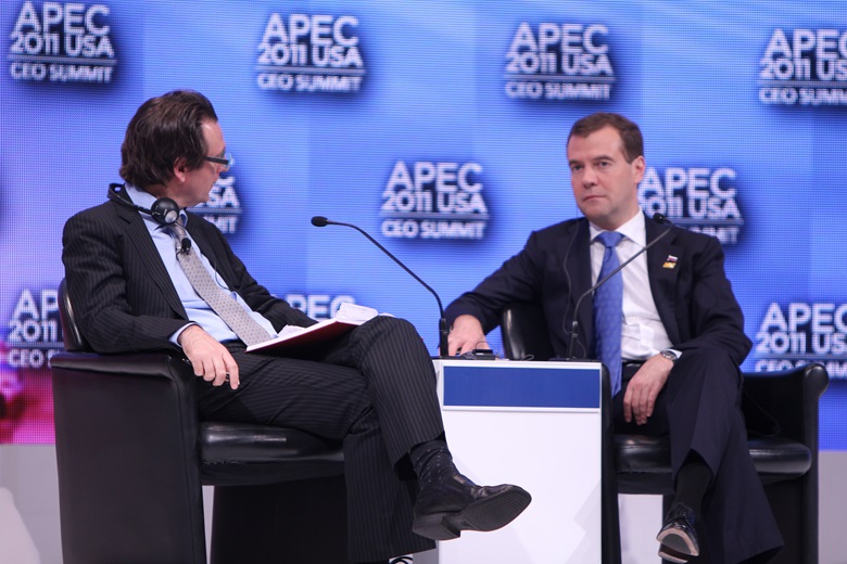 President Dmitry Medvedev, Russian Federation (right) with David Pilling, Asia Editor, Financial Times.