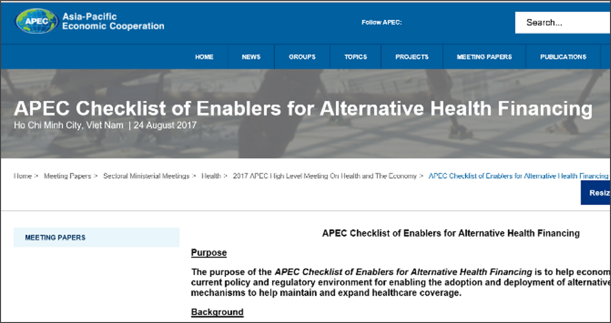 APEC Checklist of Enablers for Alternative Health Financing